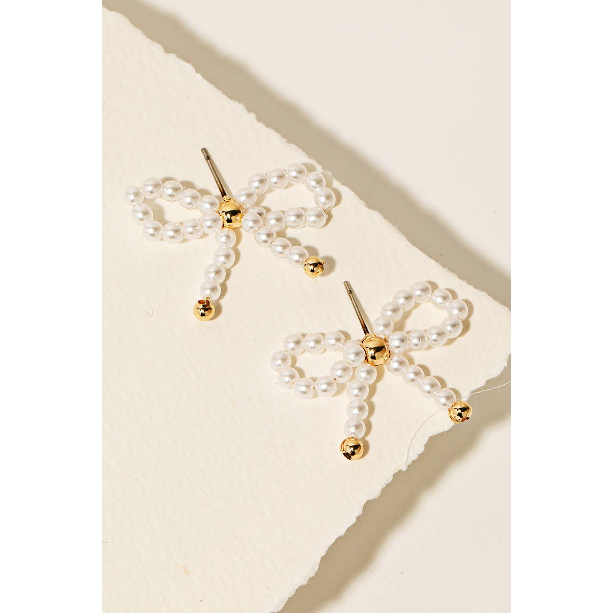 Pearl Beaded Ribbon Bow Stud Earrings