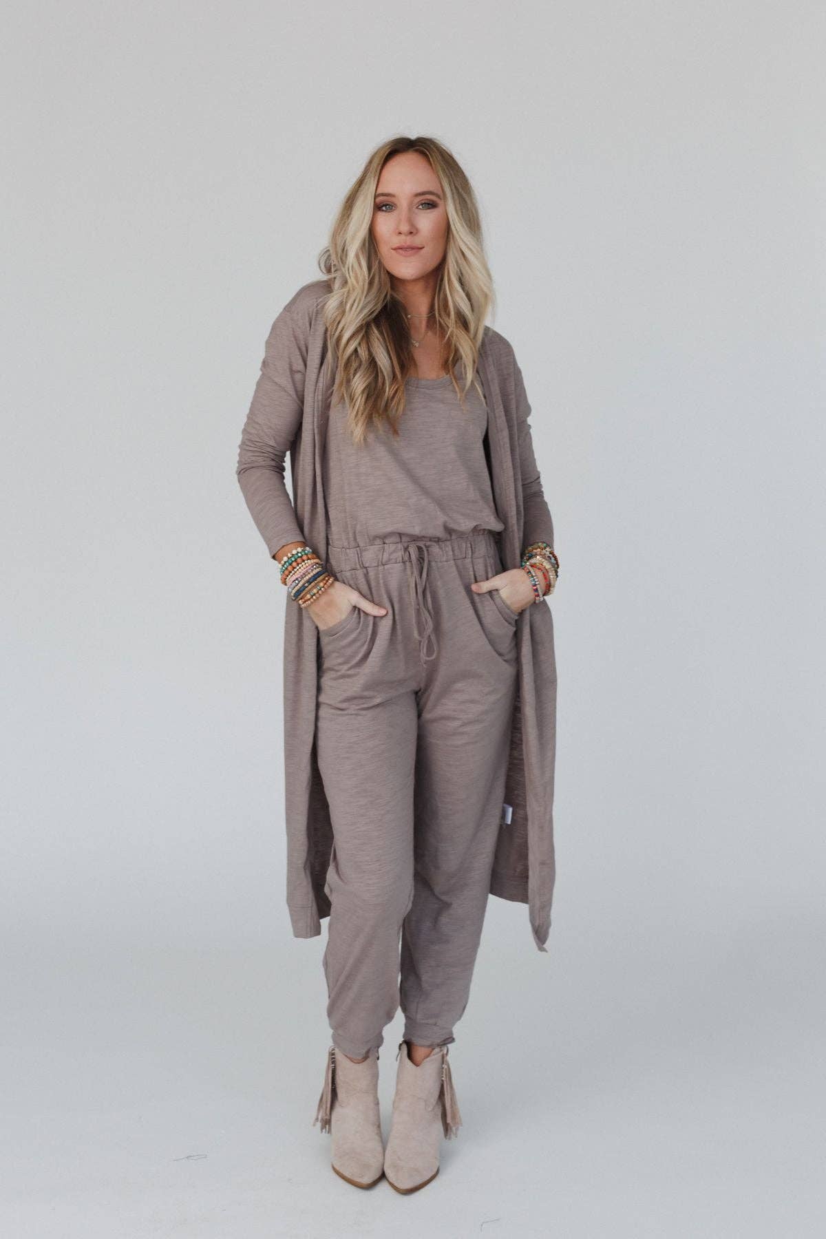 Textured Jumpsuit And Cardigan Set