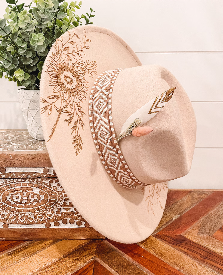 Beige Engraved Floral Hat